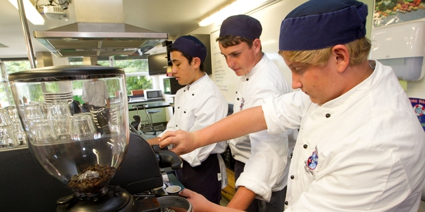 Sacred Heart College hospitality students perfecting their barista skills are (from left) Daniel Club, Josh Kelly and Taylor Bush, all aged 17. Photo / Richard Robinson