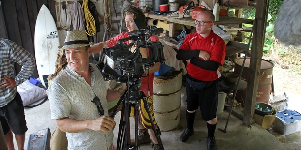 Director of photography Chris Matthews and actors Erroll Shand (left) and Paul Ballard in a rare moment of relaxation during the first day of filming in Maketu of The Z-Nail Gang. Photo/John Borren