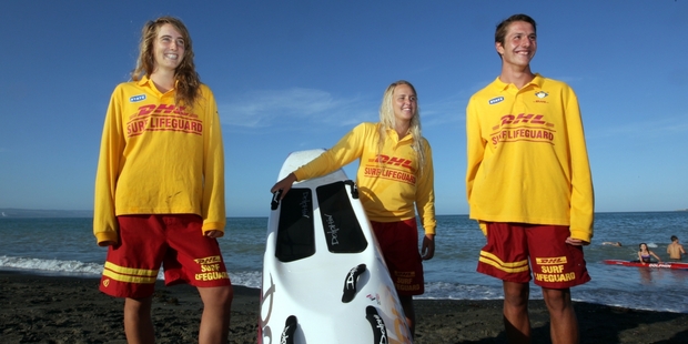Westshore Surf Life Saving Club lifeguards Shea Jefferson, Katie Moodie, and Edward Parsons helped save a drowning family at the weekend. Photo/Paul Taylor