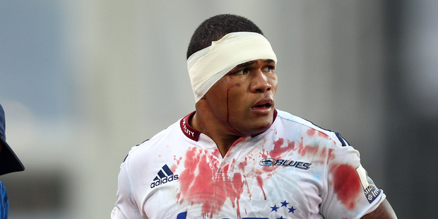 A bloodies Peter Saili of the Blues during the round two Super Rugby match between the Highlanders and the Blues. Photo / Getty Images.