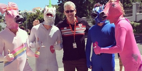 Warriors co-owner Eric Watson "horses" around with fans at Eden Park.