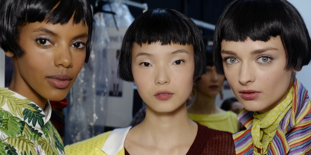 Models backstage at L'Wren Scott showing her Amnesia Rose makeup collaboration with Bobbi Brown.