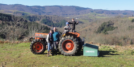 A cold winter's day in La Chabanne. Dave and Rachel Monk with their children Dylan and Lewis.