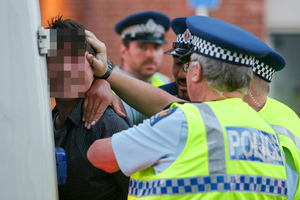Police restrain a youth to prevent self harm following his arrest in Wellington. Photo / Hagen Hopkins