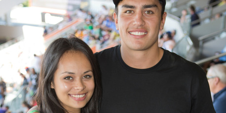 Frankie Adams and Tipene Friday enjoy the Auckland Nines. Photo / Greg Bowker