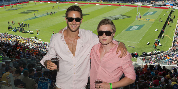 Pantless pair Cameron Jones, left, and Tyler Read of Shortland Street tried a bit of Risky Business in The Diary's box at the Nines. Photo / Greg Bowker