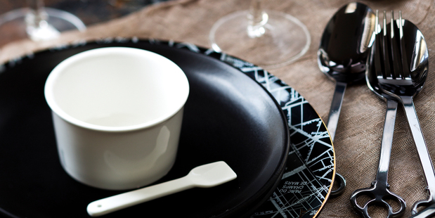 TWD Paris plate, gelato pot and spoon, espresso cup and stirrer, si time 30, si wine glass, cutlery from Seletti. Photo / Babiche Martens.