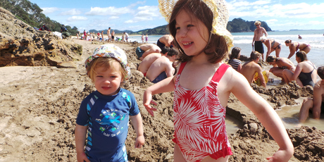 Baxter and Zoe at Hot Water Beach. Photo / Winston Aldworth