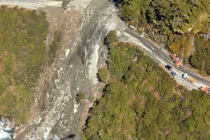 Haast Pass highway blocked by a slip last year. Photo / Otago Daily Times
