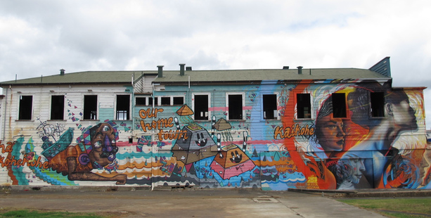 The Kaikohe Hotel has been adorned with work by three young street artists - Simon Ormerod (Cracked Ink), Misha Uteev (Wert 159) and Cinzah Merkens (Seekayem). Photo / Phil Taylor