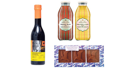 Girolomoni organic balsamic vinegar; Iced tea and juices from Harney and Sons; Bennetts chocolate.