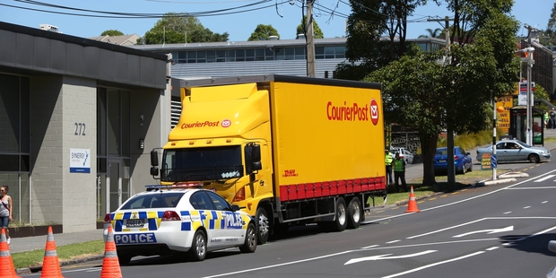 The CourierPost truck had its back tray down as it reversed and pinned the woman against a wall. Photo / Chris Loufte