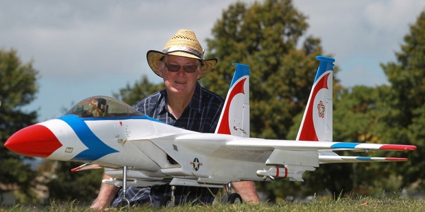 READY FOR TAKE-OFF: Model Flying Hawke's Bay Inc member Harvey Stiver with his Douglas McDonnell F-15 Eagle jet that he will be flying at this weekend's Warbirds Over Awatoto. PHOTO/DUNCAN BROWN HBT140994-03