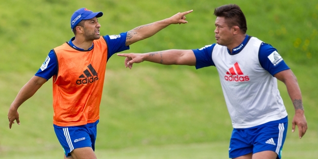 Benji Marshall and Keven Mealamu miss the point in training. Photo / Richard Robinson