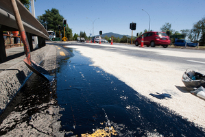 Tar spill on Te Ngae Road today. PHOTO: BEN FRASER