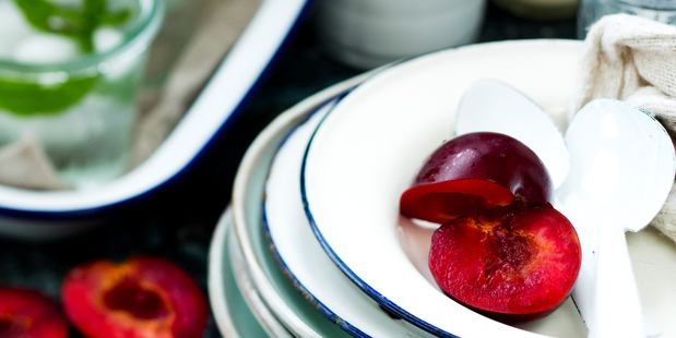 Blue Kinto plates, white tumbler, bowls and weck glass jar from Nest. Photo / Babiche Martens.