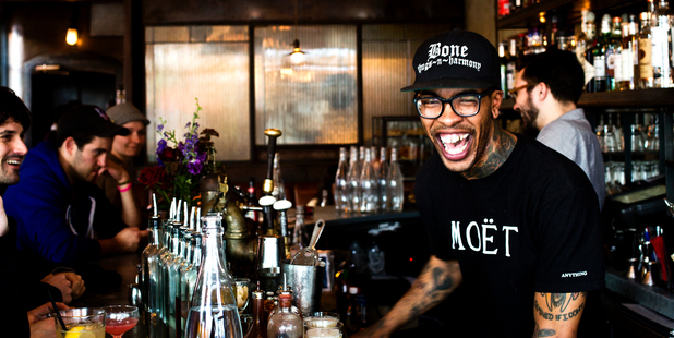 Brooklyn Cafe Five Leaves. Bartender Bobby Strickland pictured. Photo / Babiche Martens.