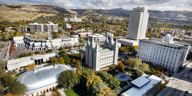 The turreted Mormon 'Conference Center' dominates Salt Lake City's skyline.
