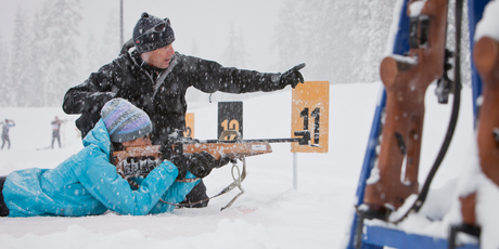 Practising shooting skills with the biathlon rifle. Photo / Noel Hendrickson