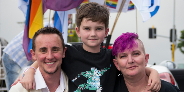 Andrew Guy, Ben Brockwell-Jones and Beccy Jones at the Auckland Pride Festival. Photo / Stephen McNicholl