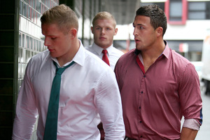 George, Tom and Sam Burgess arrive at Charlotte Dawson's memorial. Photo / Daily Telegraph