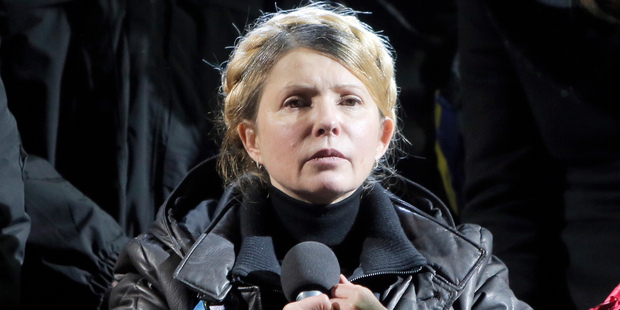 Former Ukrainian PM Yulia Tymoshenko speaking to the crowd in Independence Square, Kiev. Photo / AP