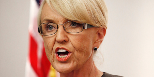 Arizona Republican Governor Jan Brewer speaks at a news conference announcing she has vetoed SB1062. Photo / AP