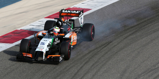 Formula One driver Sergio Perez of Force India speeds down the track during pre-season testing at the Bahrain International Circuit in Sakhir, Bahrain. Photo / AP