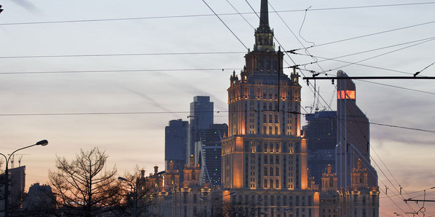 The Ukrainia hotel, where Viktor Yanukovych is said to be staying, is seen against the twilight Moscow sky. Photo / AP