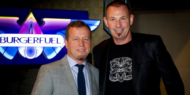 BurgerFuel founder Chris Mason and chief executive Josef Roberts at yesterday's meeting. Photo / Sarah Ivey