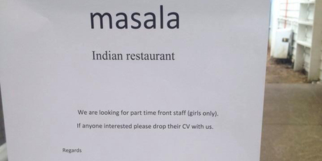 The Masala restaurant notice advertising for female front of house staff