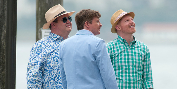 Rhys Darby on location in Sydney for Modern Family with Jesse Tyler Ferguson (right) and Eric Stonestreet. Photo / Splash
