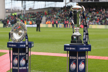 The Triple Crown Trophy (L) and the Six Nations Trophy on display during the RBS Six Nations match between Ireland and England at the Aviva Stadium. Photo / Getty Images