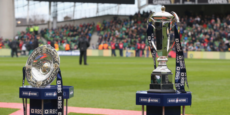The Triple Crown Trophy (L) and the Six Nations Trophy on display during the RBS Six Nations match between Ireland and England at the Aviva Stadium. Photo / Getty Images