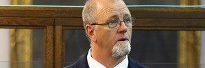 Mark Lundy in the dock on day one of his re-trial for the murder of his wife Christine Lundy and daughter Amber Lundy. Photo / Mark Mitchell