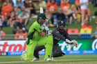 UAE wicketkeeper Swapnil Patil thwarts a sweep from Pakistan captain Misbah-ul-Haq yesterday in their World Cup match at McLean Park, Napier. Photo / Duncan Brown UAE wicketkeeper Swapnil Patil thwarts a sweep from Pakistan captain Misbah-ul-Haq yesterday in their World Cup match at McLean Park, Napier. Photo / Duncan Brown