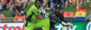 UAE wicketkeeper Swapnil Patil thwarts a sweep from Pakistan captain Misbah-ul-Haq yesterday in their World Cup match at McLean Park, Napier. Photo / Duncan Brown