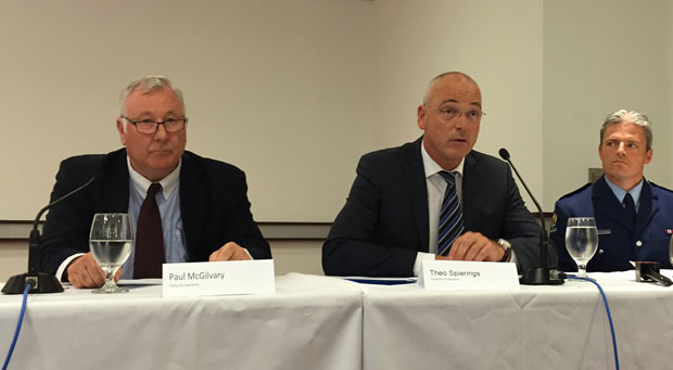 Fonterra CE Theo Sperrings (centre) at a press conference at Fonterra headquarters with Paul McGilvary (left).
