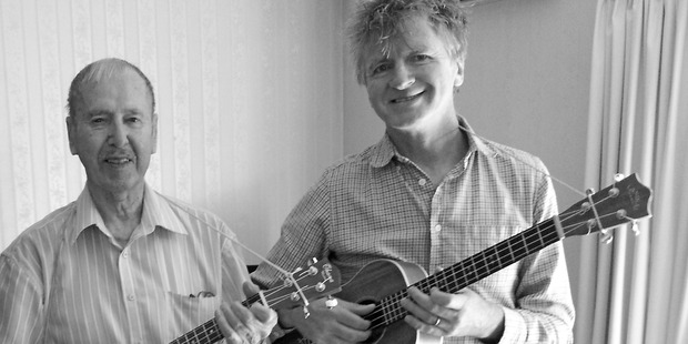 Jim Carter with Neil Finn at Carter's home in Nelson
