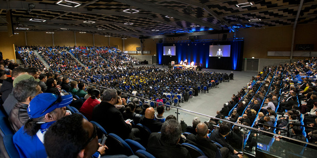 Thousands attending Jerry Collin's funeral service at the Te Rauparaha Arena in Porirua. Photo / Mark Mitchell, NZ Herald