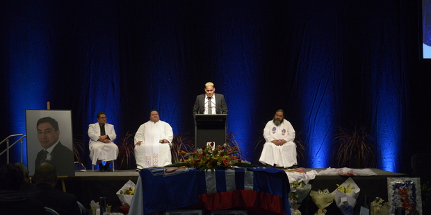 Friend and former All Black Chris Masoe speaking at the funeral of Jerry Collins. Photo / Simon Woolf