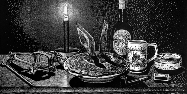 Rew Hanks' lino-cut Rabbit Pie is a highlight in the Core exhibition.