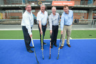 Hockey promoter Bruce McTaggart (left), Hastings Mayor Lawrence Yule, Hockey New Zealand CEO Malcolm Harris and events director Dave Nancarrow at yesterday's festival launch. Hockey promoter Bruce McTaggart (left), Hastings Mayor Lawrence Yule, Hockey New Zealand CEO Malcolm Harris and events director Dave Nancarrow at yesterday's festival launch.