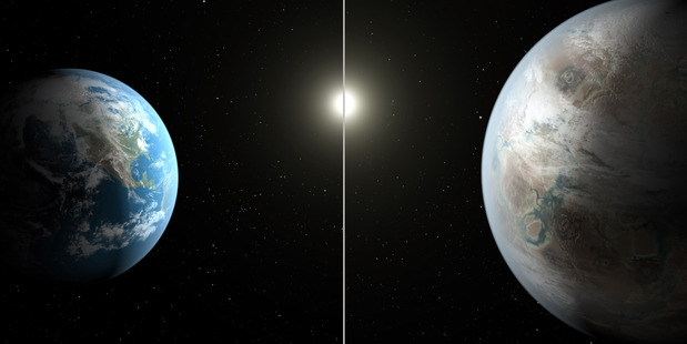 This artist's rendering shows a comparison between the Earth, left, and the planet Kepler-452b. Photo / AP