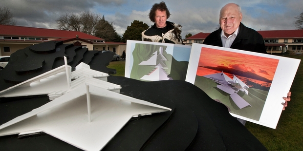 Tuhourangi kaumatua Anaru Rangiheuea (right) and architect Fred Stevens with designs for a proposed marae at Lake Tarawera. Photo / Ben Fraser