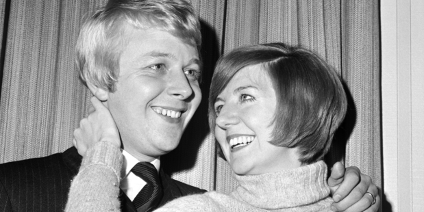 Cilla Black smiles with her fiance Bobby Willis in 1969. Photo / AP