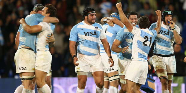 The Pumas celebrate winning The Rugby Championship match, 2014. Photo / Getty