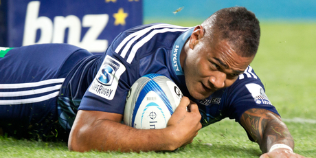 Frank Halai scores a try against the Crusaders at Eden Park. Photo / Richard Robinson.