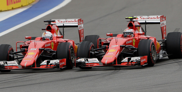 Ferrari drivers Sebastian Vettel and Kimi Raikkonen during the Formula One Russian Grand Prix in Sochi. Photo / AP