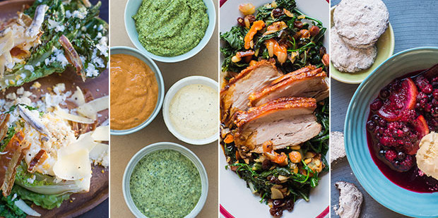 Kyle Street's grilled cos lettuce, Warren's selection of four sauces, roast pork belly and chocolate and almond biscuits. Photos / Bite magazine
